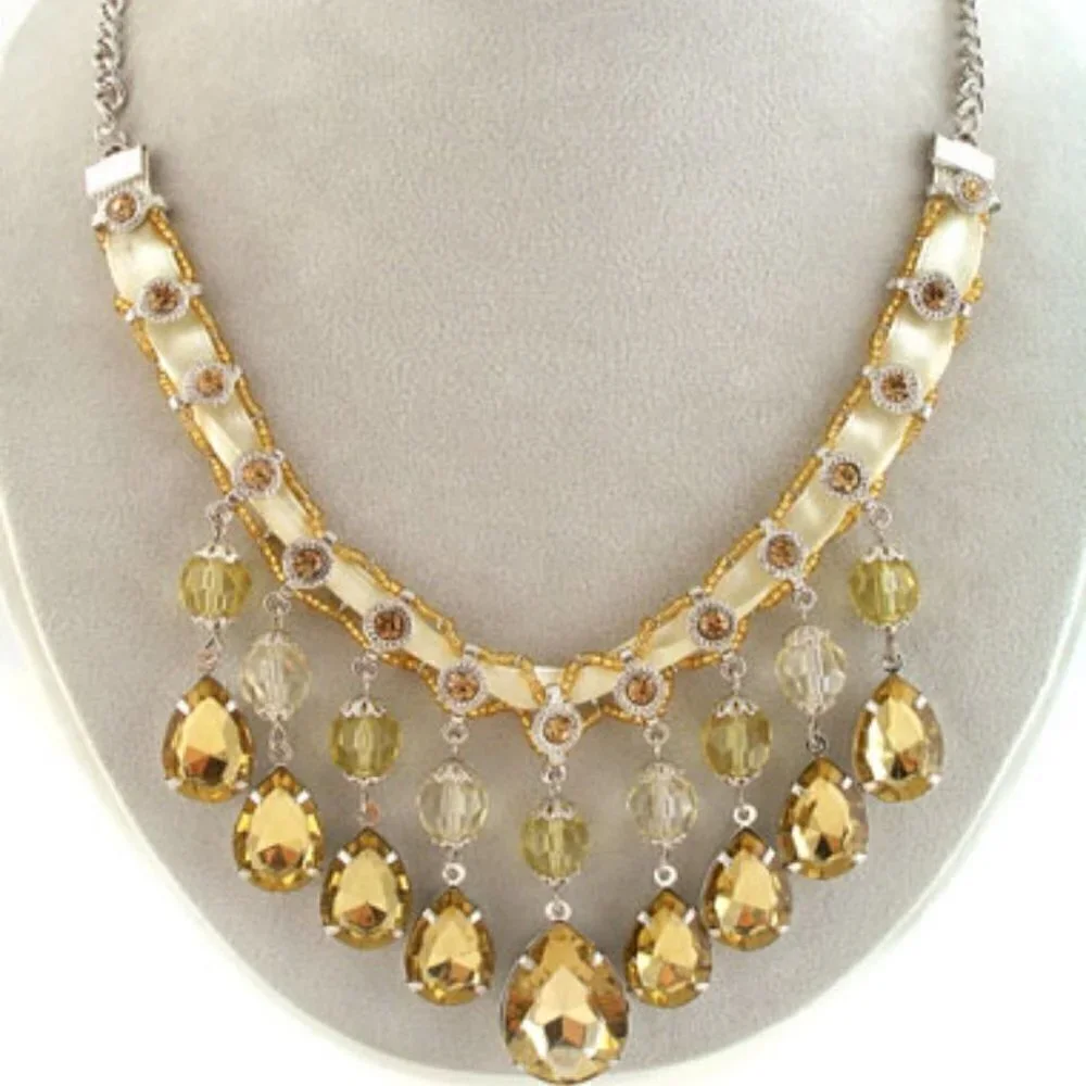 Lightweight Topaz Crystals with Off White Accents and Ribbon Necklace Set